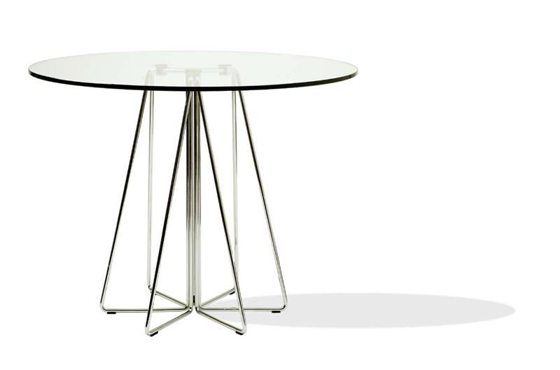 Runder Paperclip Tisch von Knoll International mit Glasplatte und verchromtem Stahlgestell.