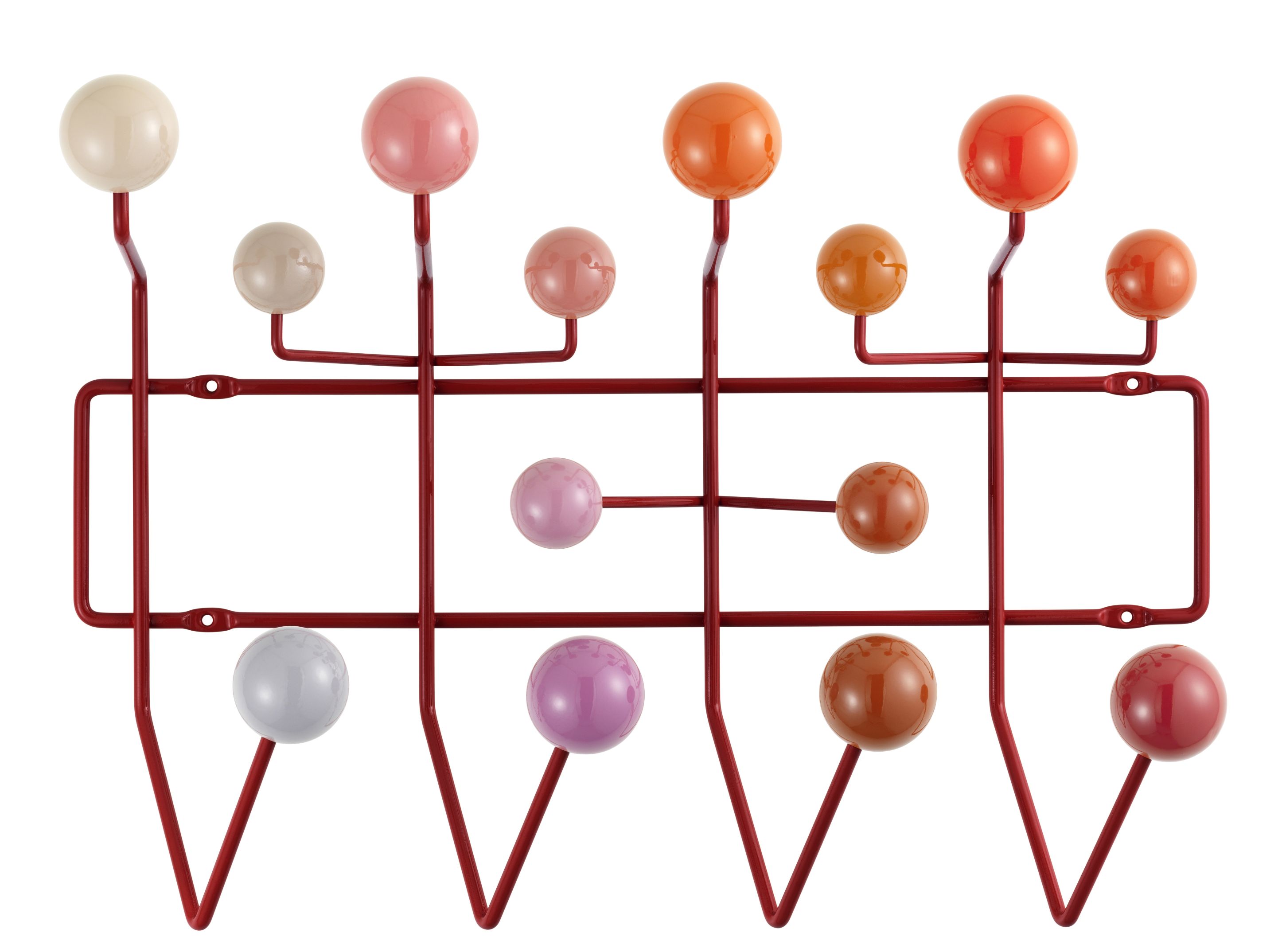 Eames Hang it all Garderobe von Vitra in Rot mit bunten Holzkugeln. Moderne Wandgarderobe.