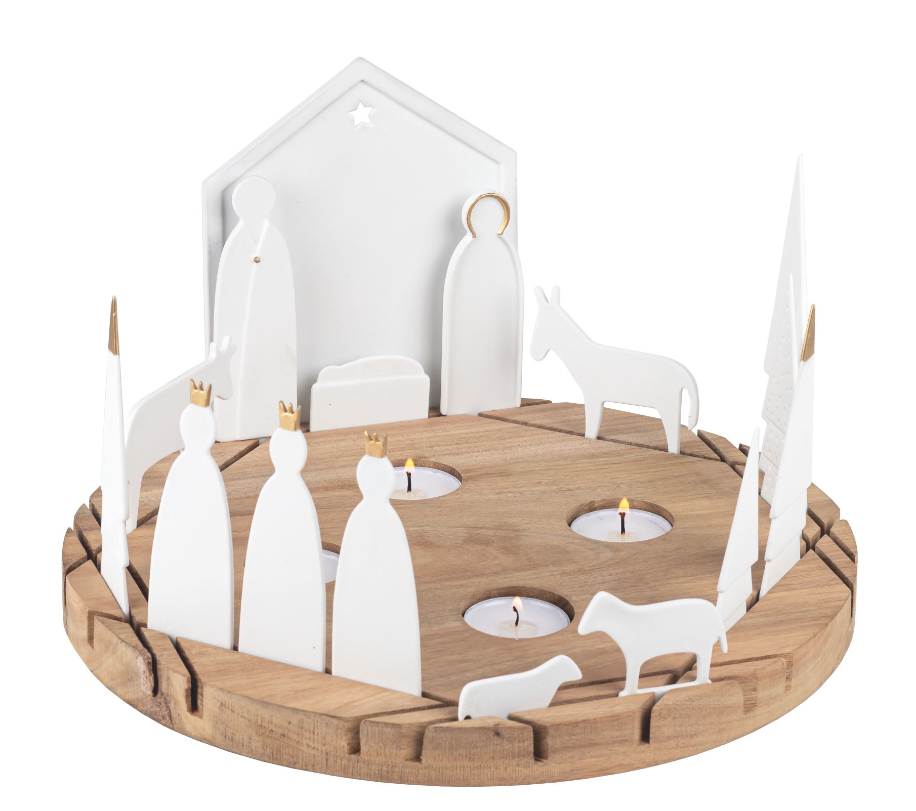 Lichtobjekt Krippe rund aus Holz mit Rädern, weiße Figuren und Teelichthalter für stimmungsvolle Weihnachtsdeko.