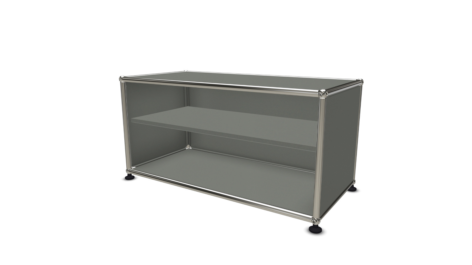 USM Haller Regal mit einem mittelgrauen Zwischentablar als Ersatzteil, modernes modulares Möbeldesign.