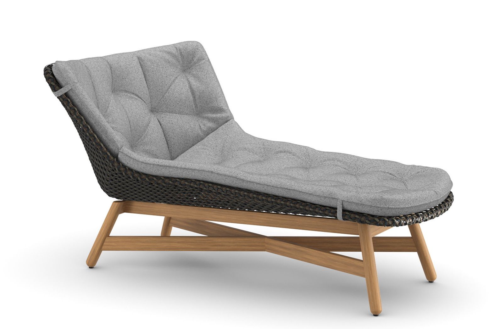 Mbrace Daybed mit grauem Polster, Rattan-Geflecht und Holzgestell für den Garten oder die Terrasse.