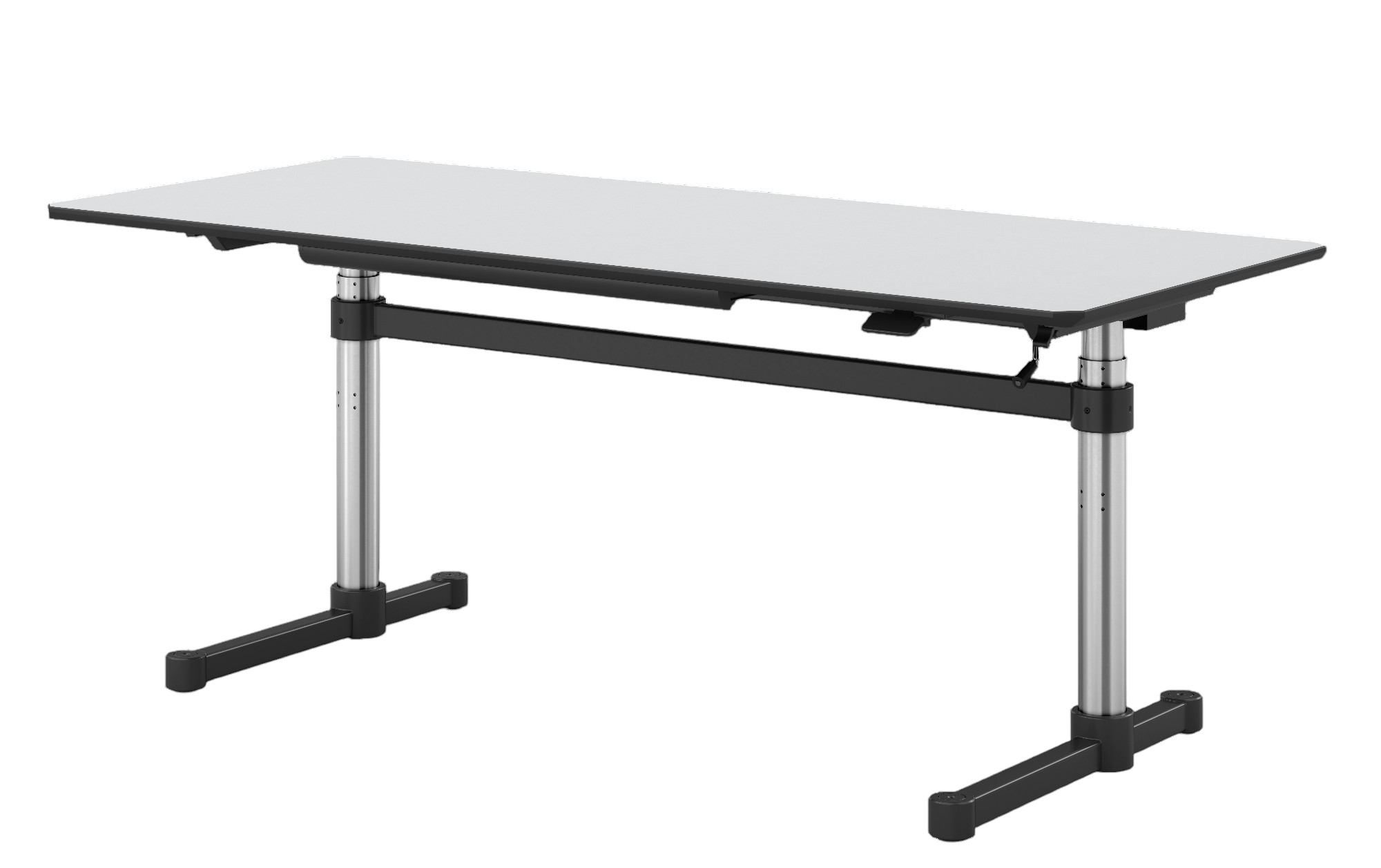 USM Haller Kitos M Schreibtisch mit hellgrauer Tischplatte und schwarzem Gestell aus pulverbeschichtetem Stahl.