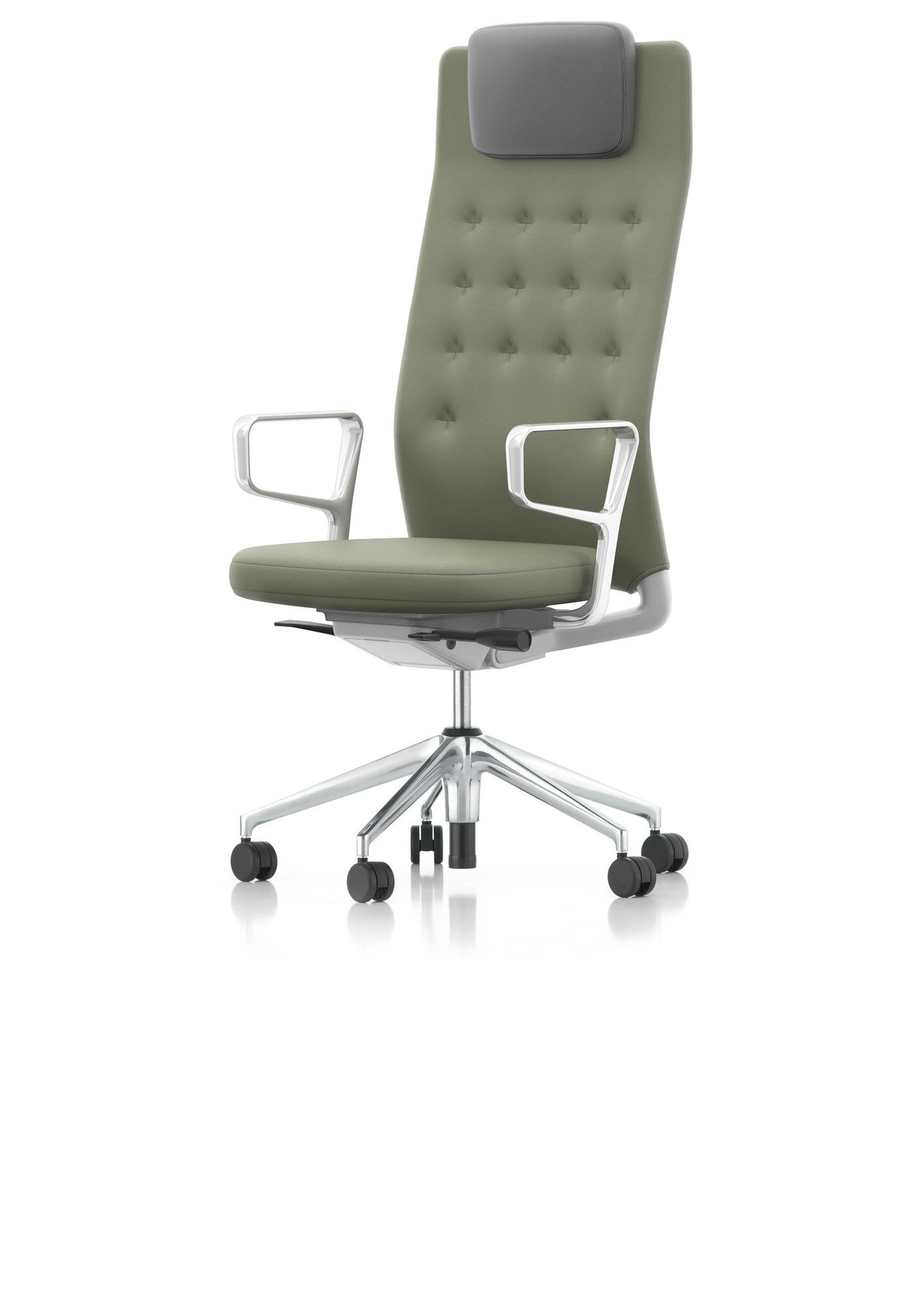 ID Chair Bürostuhl Vitra, Modell ID Trim L, olivgrün mit Kopfstütze und Rollen.