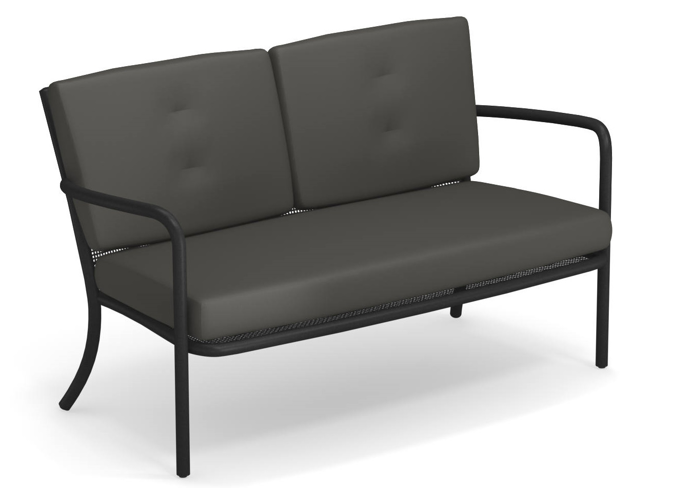Graues Athena 2-Sitzer Sofa von Emu für den Außenbereich mit bequemen Polsterkissen.