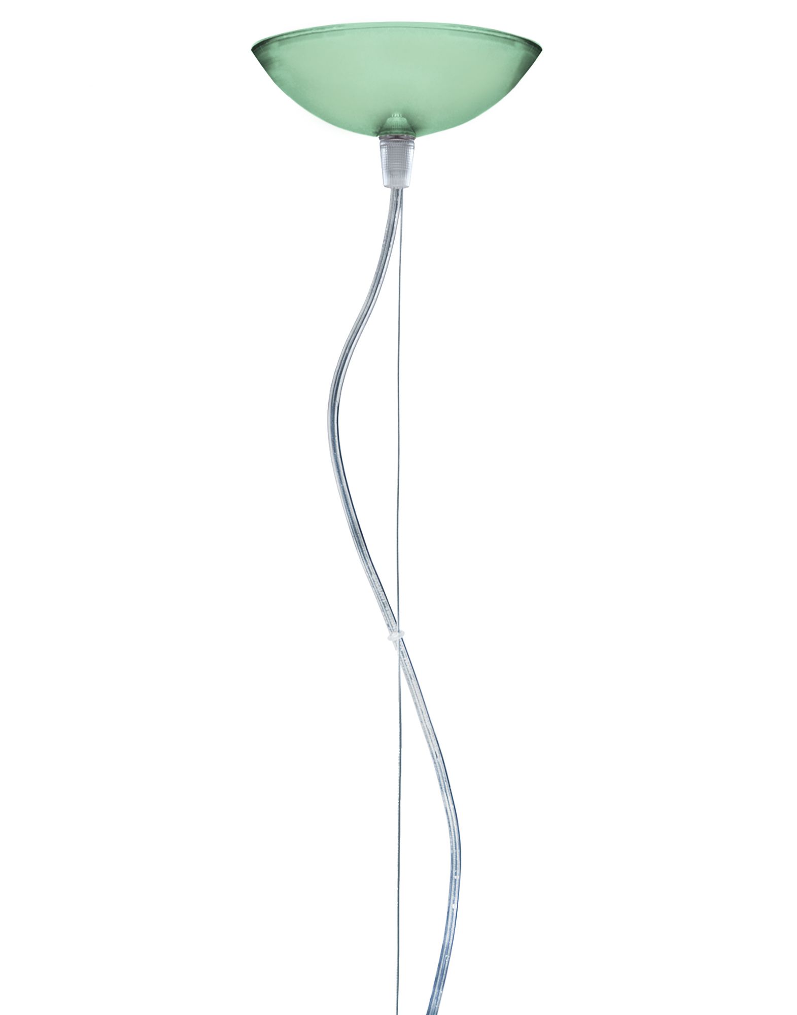 Nahaufnahme der grünen Big Fly Pendelleuchte von Kartell, moderne Hängelampe für stilvolle Innenbeleuchtung.