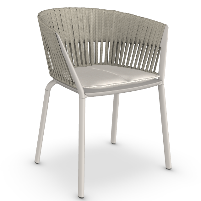 Ria Stuhl mit Armlehnen, hellem Bezug und Kordelgeflecht, moderner Stuhl für den Innenbereich.
