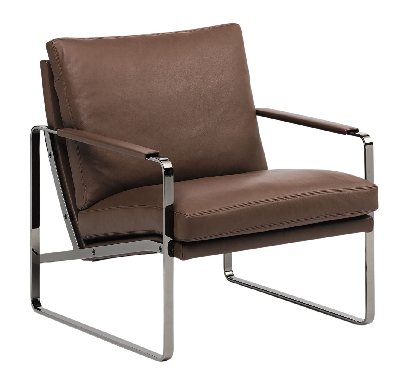 Brauner Ledersessel 710 Fabricius von Walter Knoll mit verchromtem Stahlgestell. Designklassiker für Wohnzimmer.