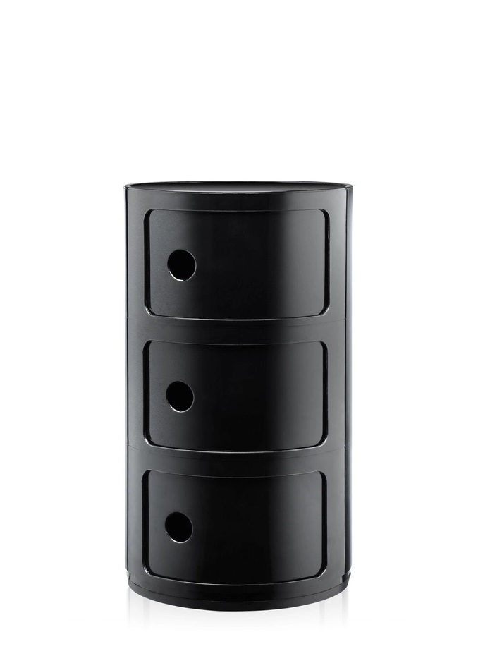 Schwarzes Componibili 3er Element von Kartell. Moderner, runder Nachttisch mit drei Fächern. Designklassiker für Schlafzimmer und Wohnzimmer.