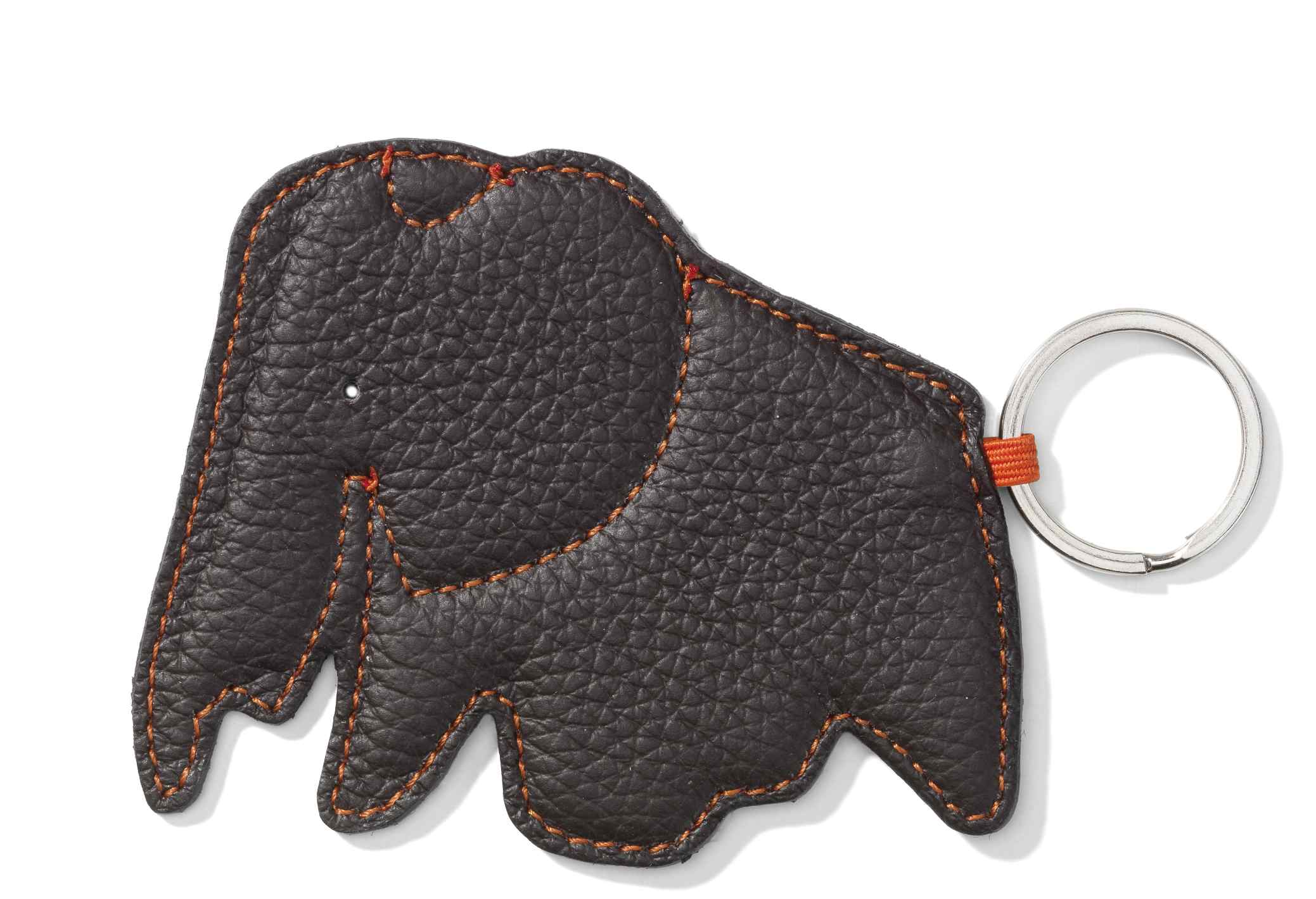 Brauner Elefant Schlüsselanhänger aus Leder mit orangen Ziernähten und silbernem Schlüsselring.