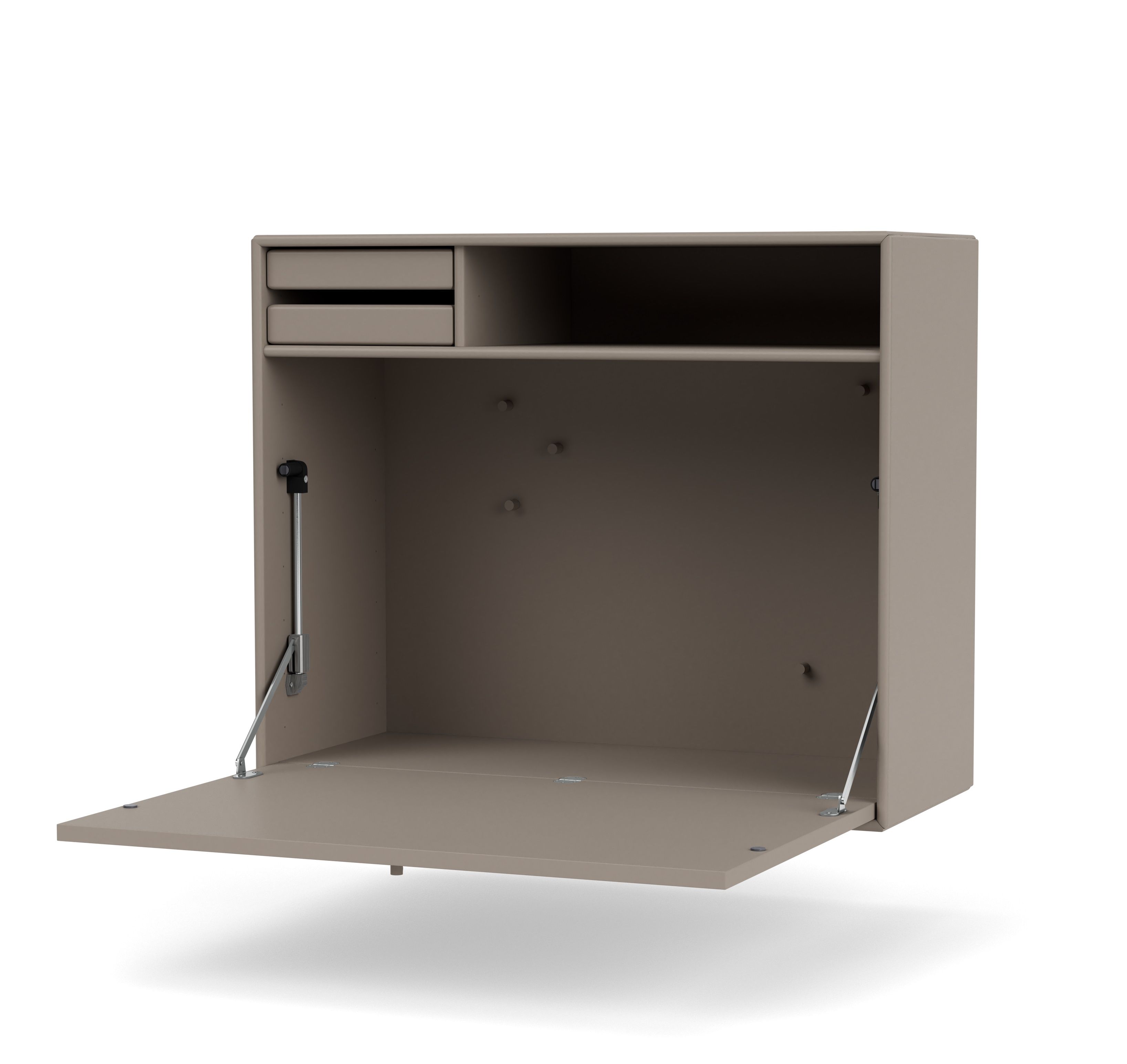 STUDIO Sekretär Montana mit geöffneter Schreibklappe in Taupe, modernes Wandsekretär mit Schubladen.