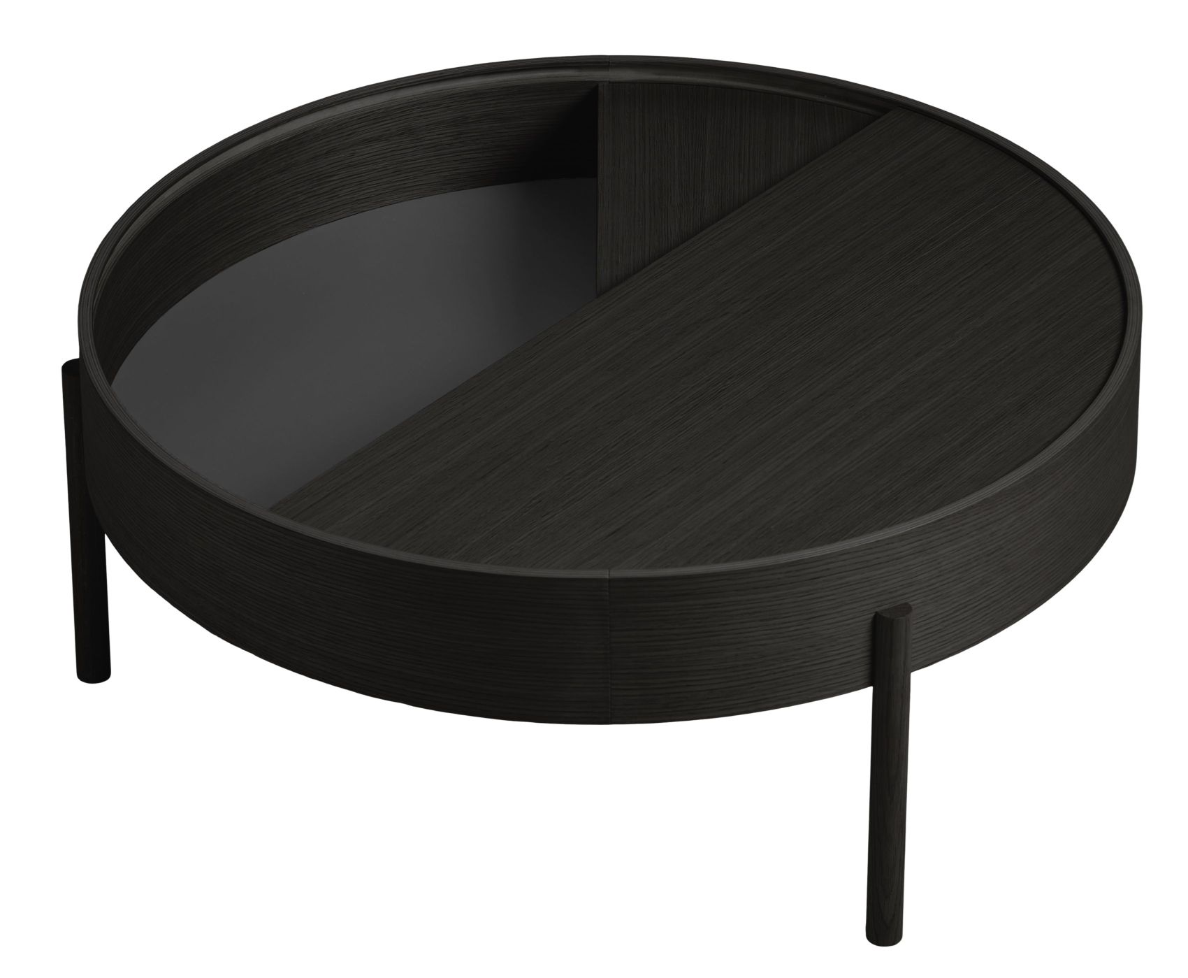 Runder Arc Coffee Table von Woud aus dunklem Holz mit Stauraum.