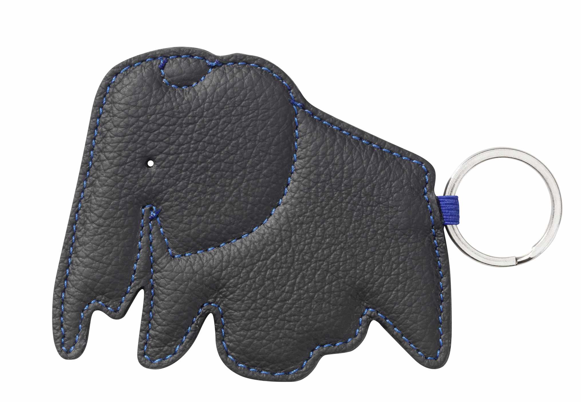 Schwarzer Leder-Schlüsselanhänger in Elefantenform mit blauer Naht und silbernem Schlüsselring. Keyring Elephant.