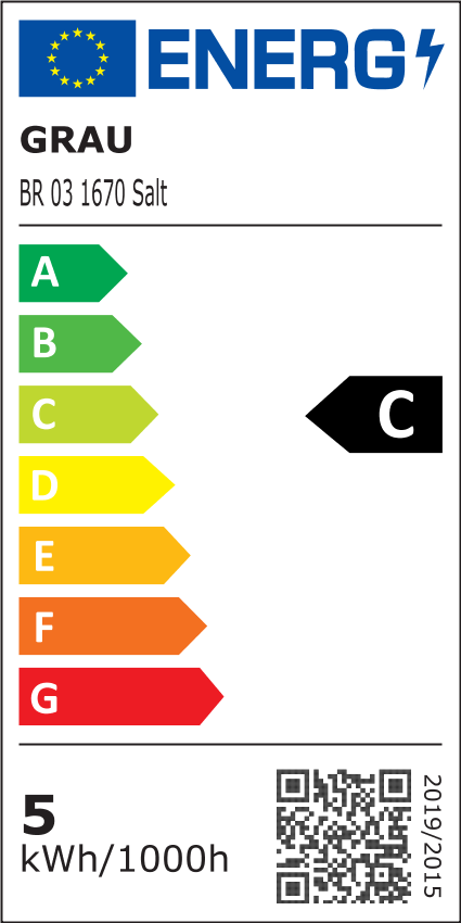 Energieeffizienzlabel für die Salt Akkuleuchte von Grau, Energieeffizienzklasse C, 5 kWh/1000h.