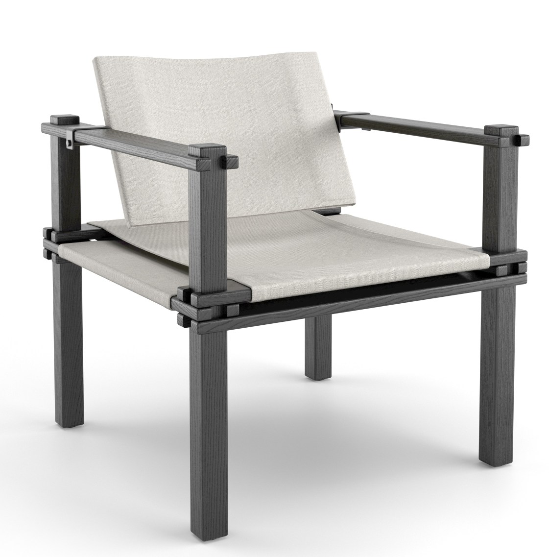 Farmer Sessel Outdoor: Moderner Gartensessel mit grauem Holzrahmen und bequemer, heller Stoffbespannung für Terrasse und Garten.