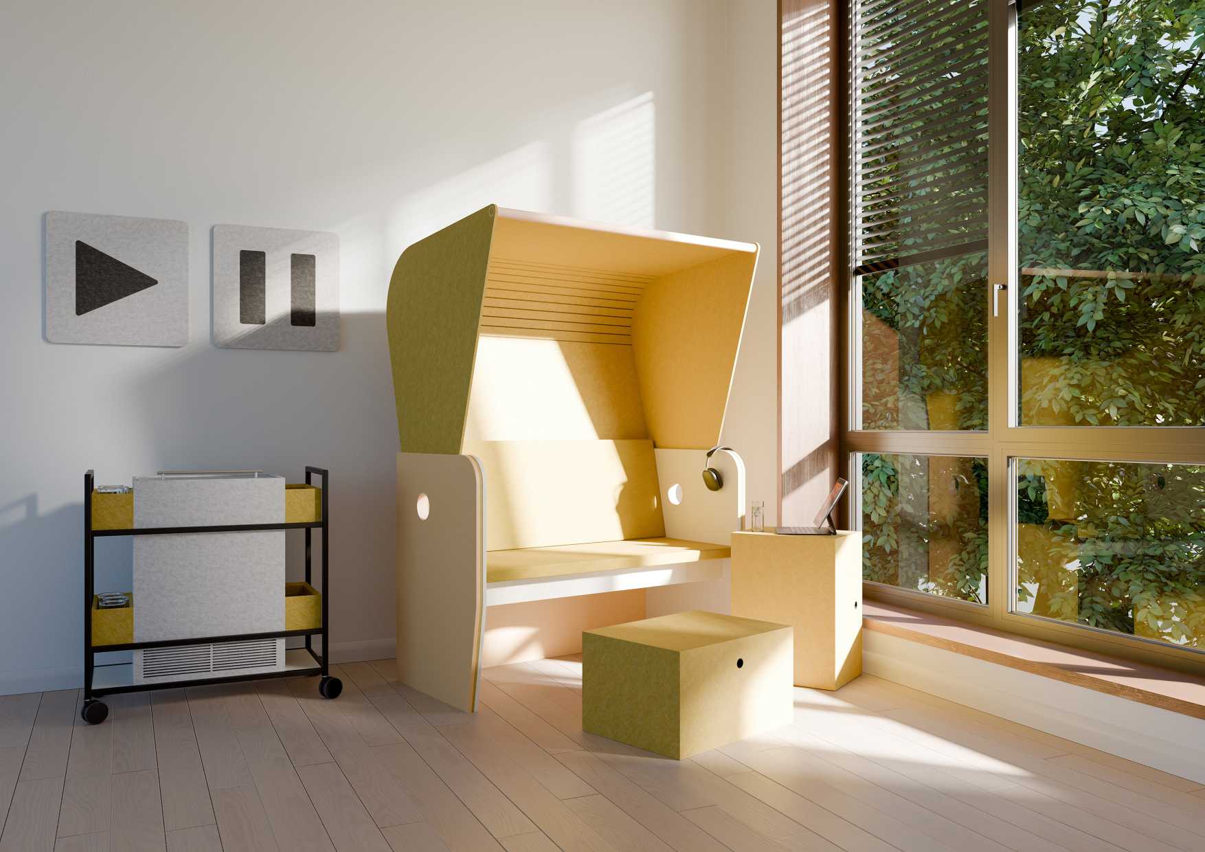 Baltic Strandkorb von Palmberg: Moderner Rückzugsort für Büro, Besprechung oder konzentriertes Arbeiten. Schallschutz und Privatsphäre.