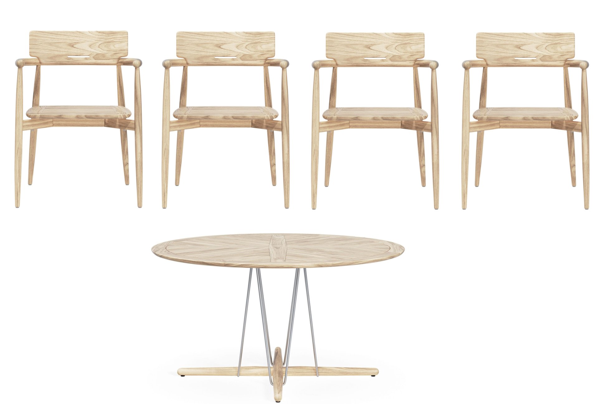 Embrace Outdoor Dining Set von Carl Hansen & Søn: Vier Holzstühle und runder Holztisch.