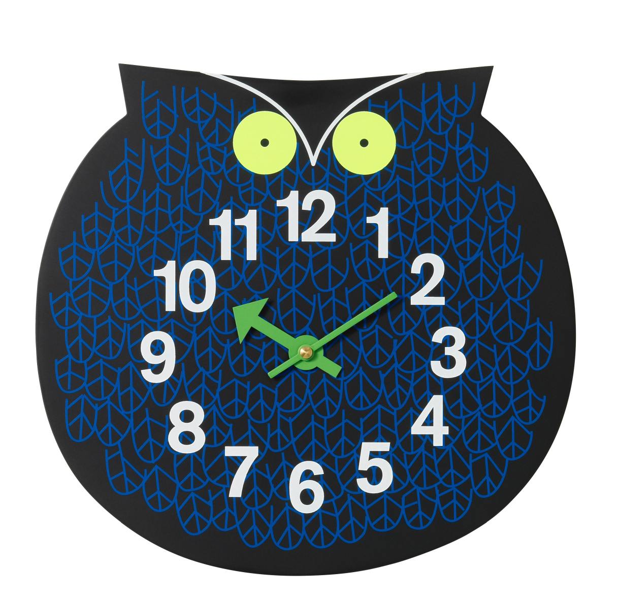 Vitra Wanduhr "Omar the Owl Zoo Timers" mit schwarzem Eulen-Design und grünen Zeigern.