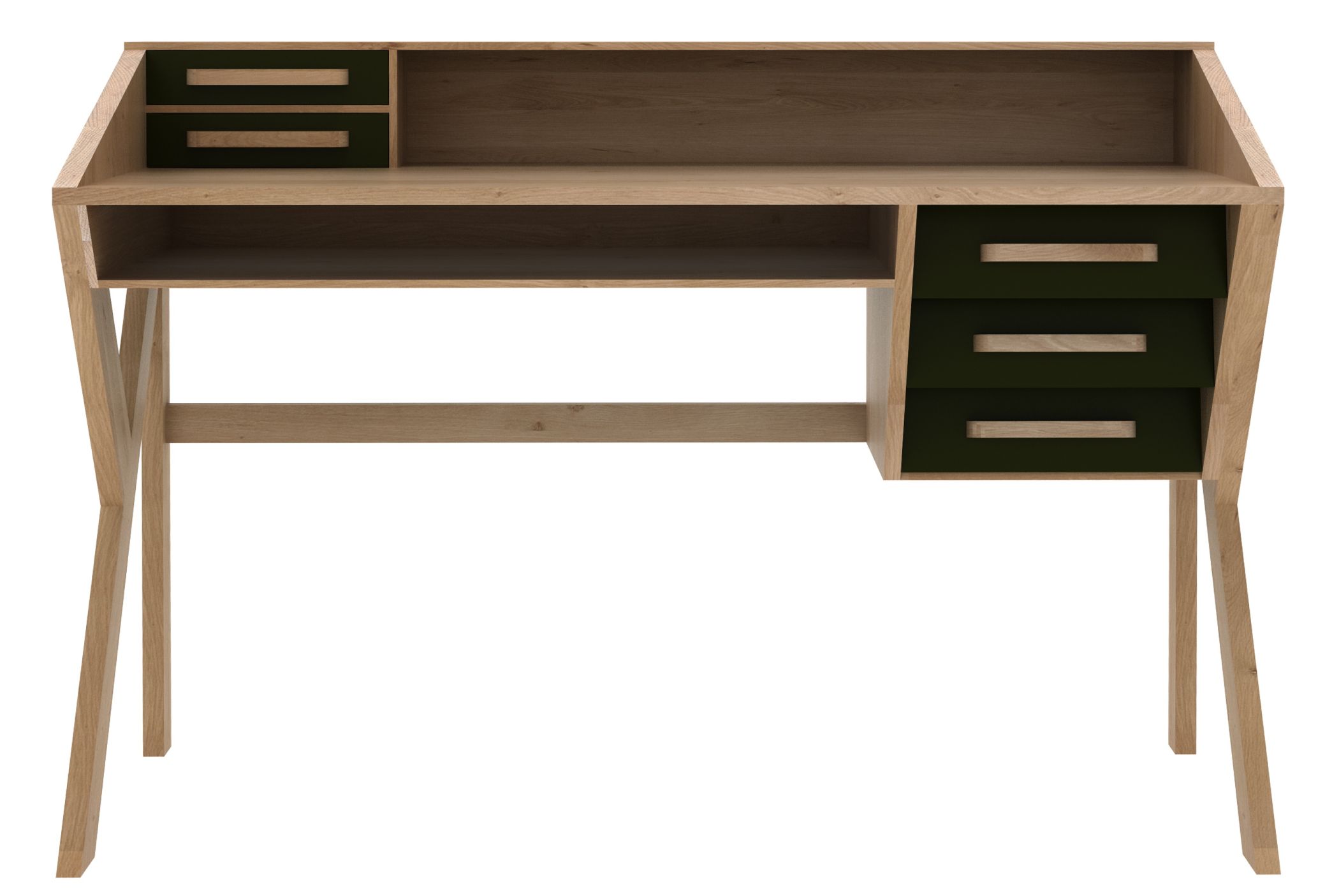 Origami Schreibtisch aus Eiche von Ethnicraft mit grünen Schubladen und minimalistischem Design.