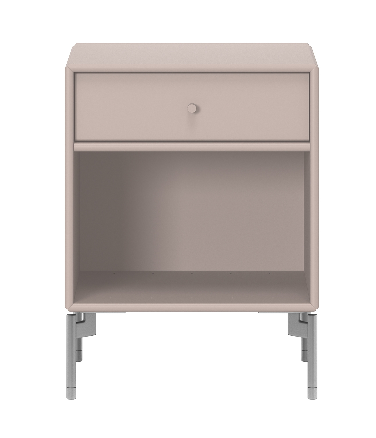 DREAM Nachttisch in Mushroom Montana Farbe mit Schublade und offenem Fach auf Metallfüßen.