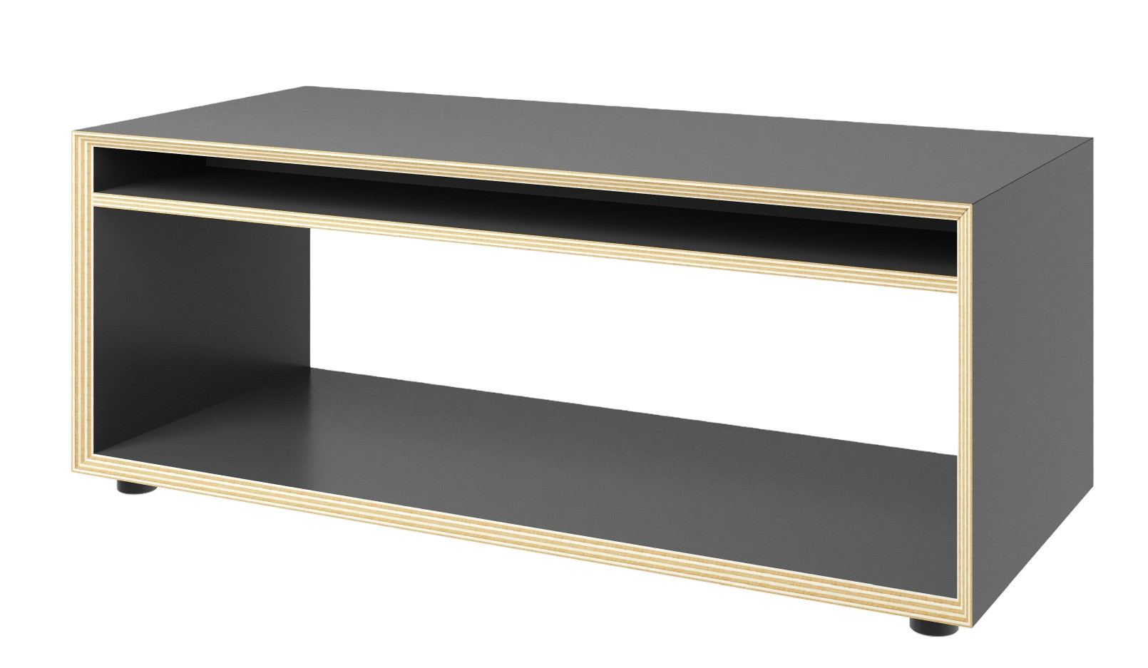 Vertiko Loop Beistelltisch von Müller Möbelwerkstätten, graues Holz, minimalistisches Design mit zwei offenen Fächern.