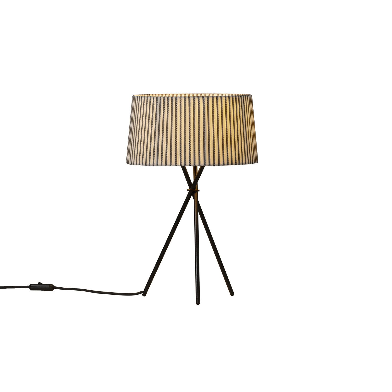 Tripode M3 Tischleuchte von Santa & Cole mit gestreiftem Lampenschirm und schwarzem Stativfuß.