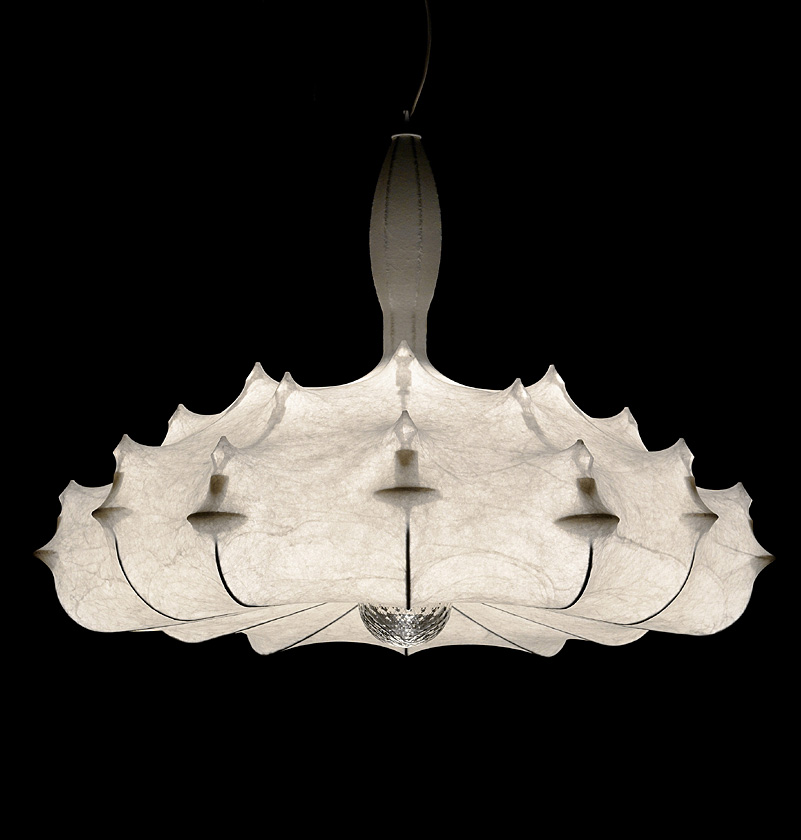 Zeppelin Hängeleuchte von Flos, moderne Pendelleuchte mit weißem Kokon-Schirm und zentralem Kristall-Dekor für Wohnzimmer.