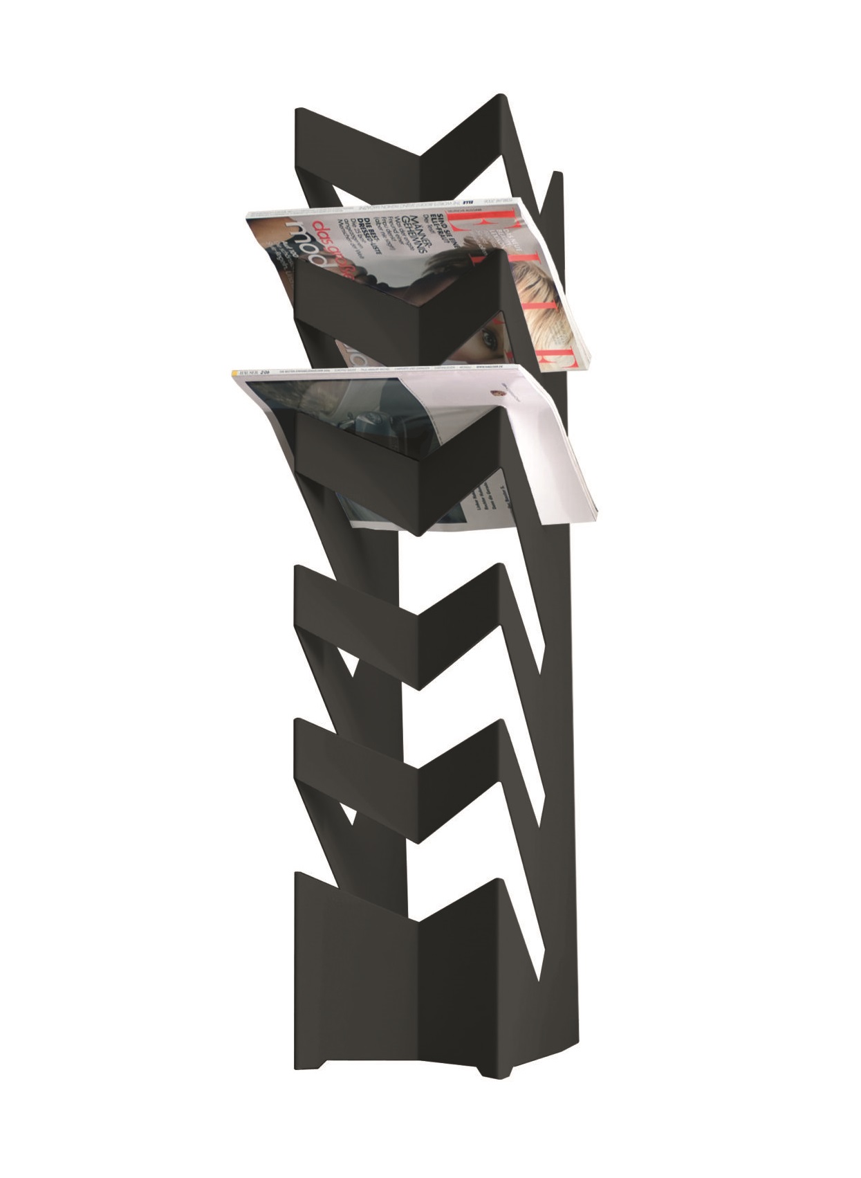 Schwarzer News Boden Zeitungsständer mit Zeitungen und Zeitschriften, modernes Design für Wohnzimmer und Büro.