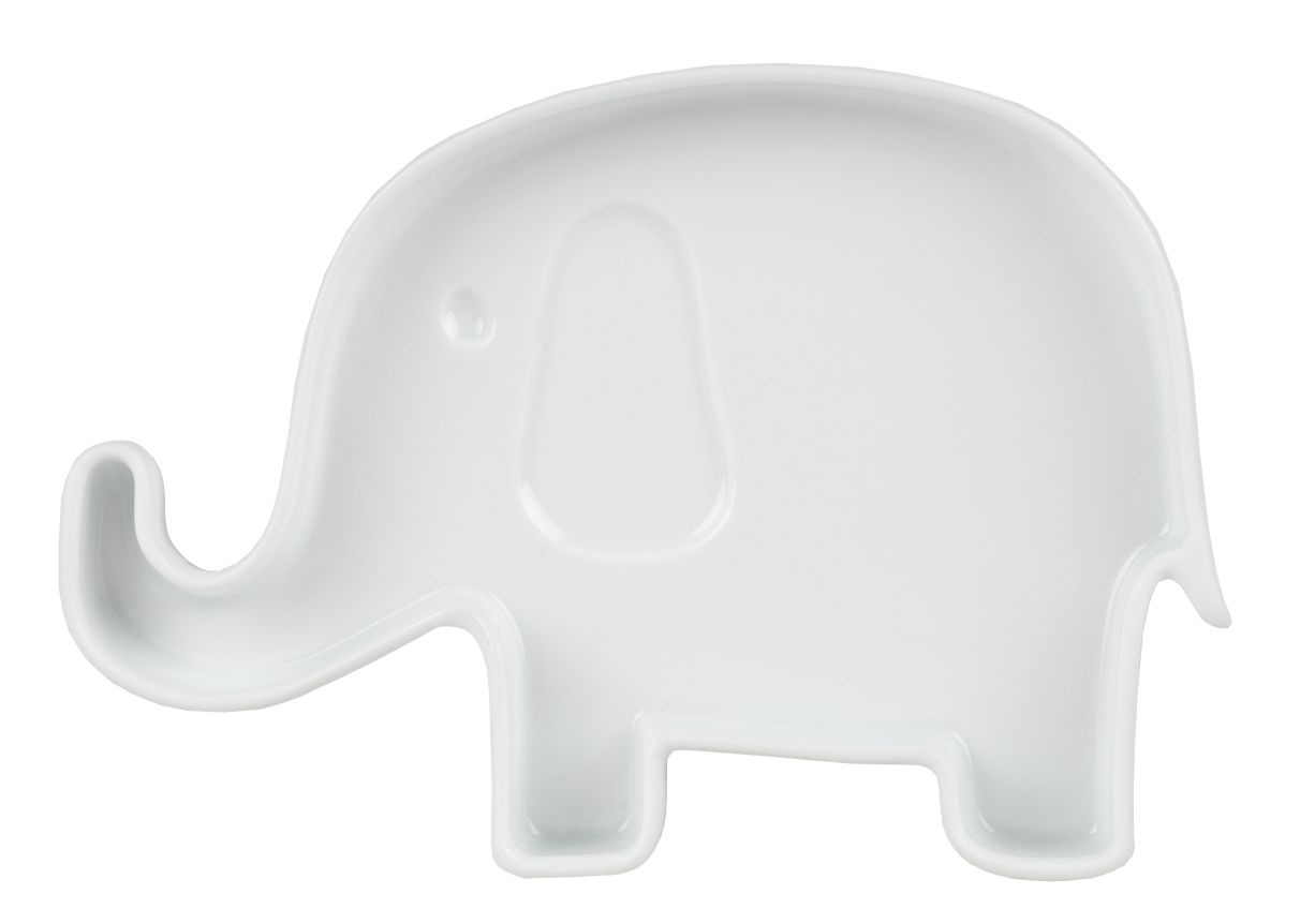 Weißer Kinderteller in Elefantenform, ideal für Babys und Kleinkinder. Süßes Kindergeschirr für Mahlzeiten.