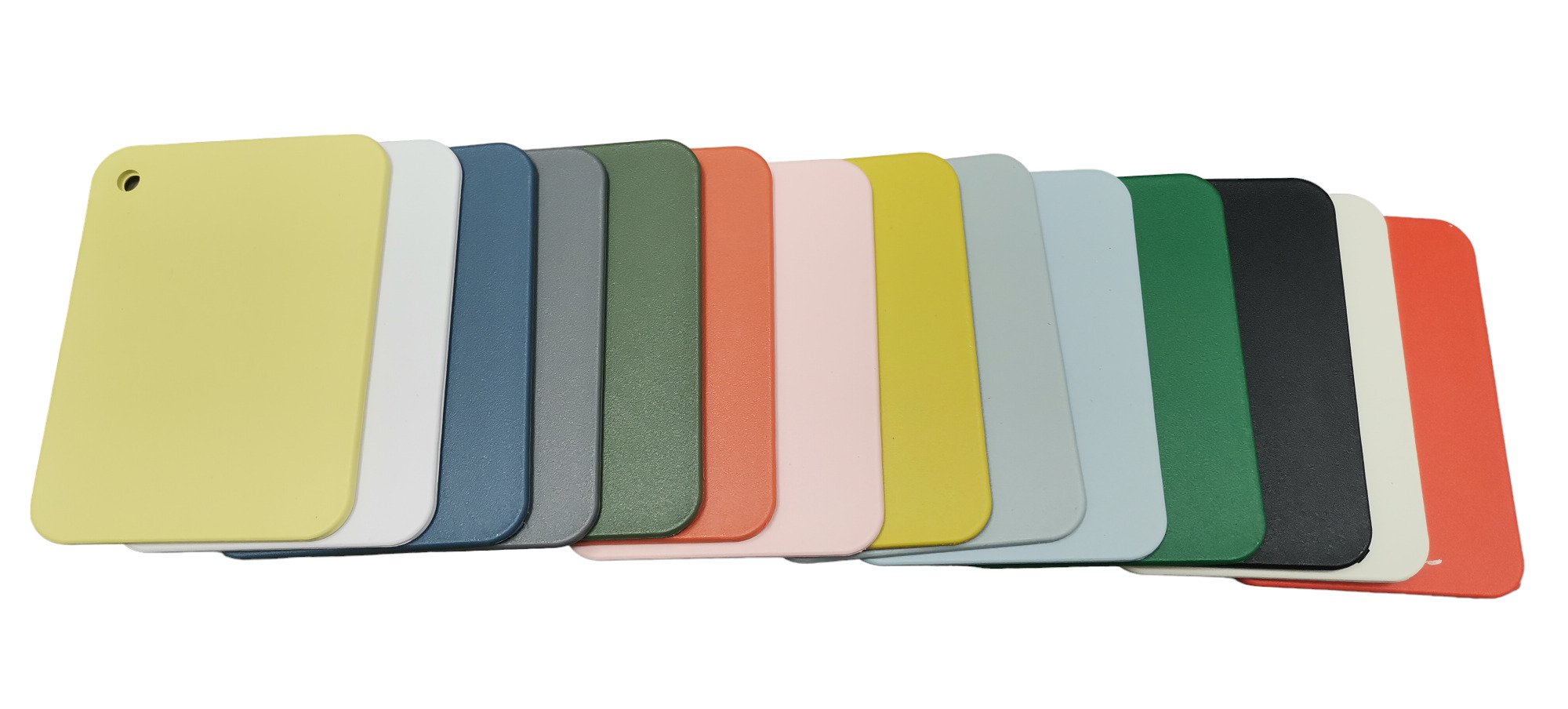 Farbmusterkarte: Vitra Eames Plastic Chairs, Farben 2024. Kunststoffmuster in Gelb, Weiß, Grau, Grün, Rosa, Blau, Schwarz, Rot.