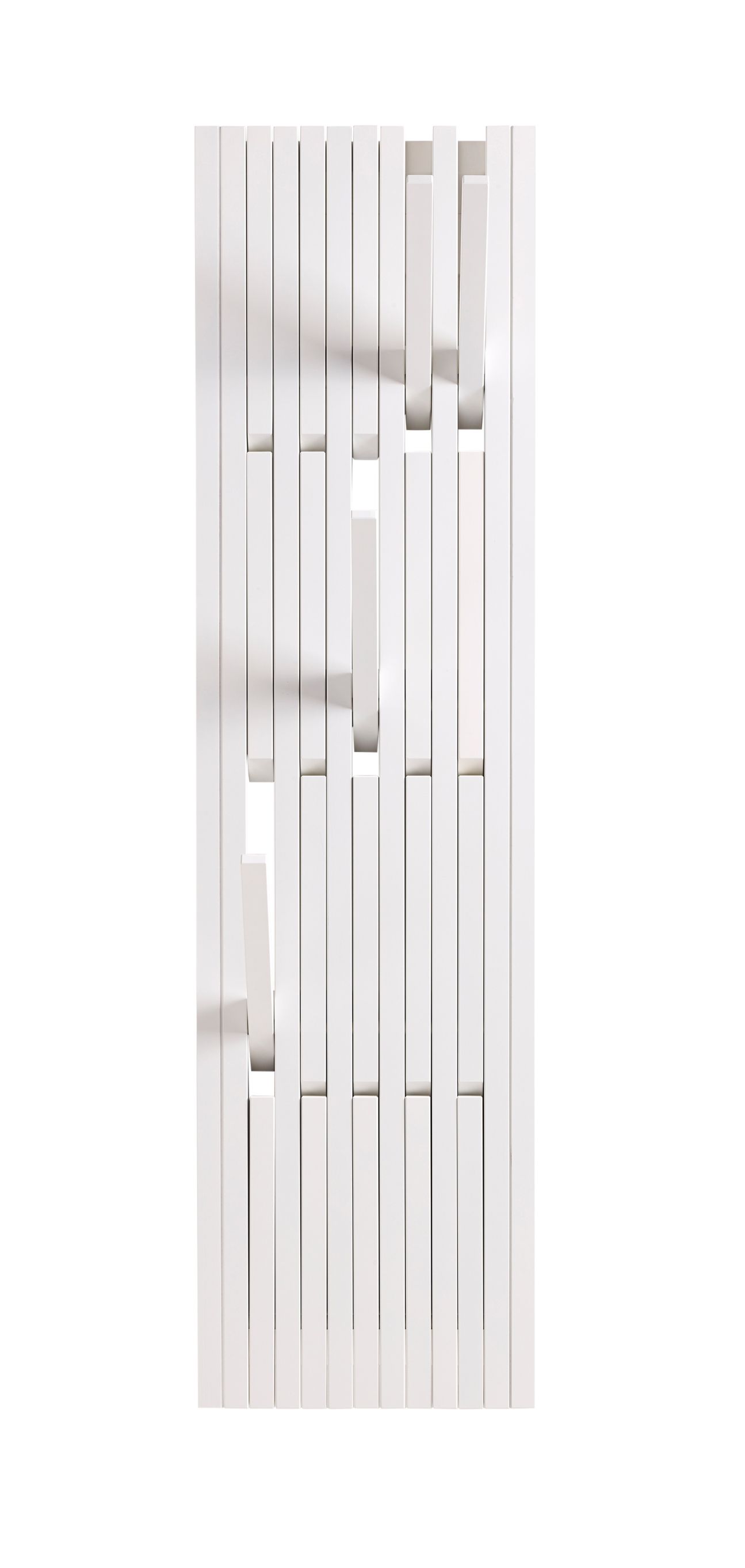 Piano Wandgarderobe klein, Buche weiß lackiert. Moderne Garderobenleiste mit ausklappbaren Haken.
