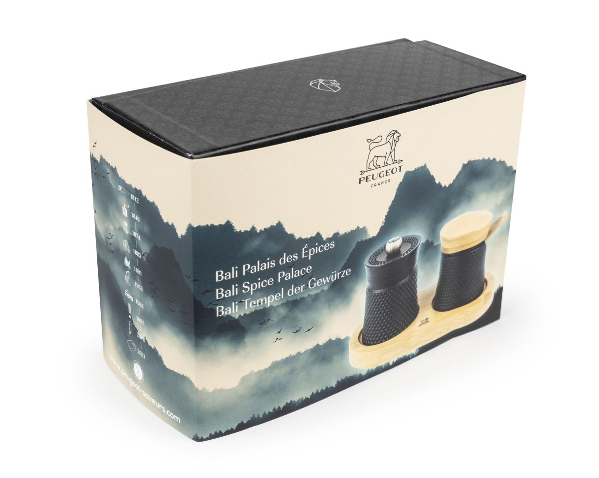 Verpackung der Peugeot Bali Pfeffermühle mit Salzfass aus Gusseisen, Einzelstück, Küchenaccessoire.