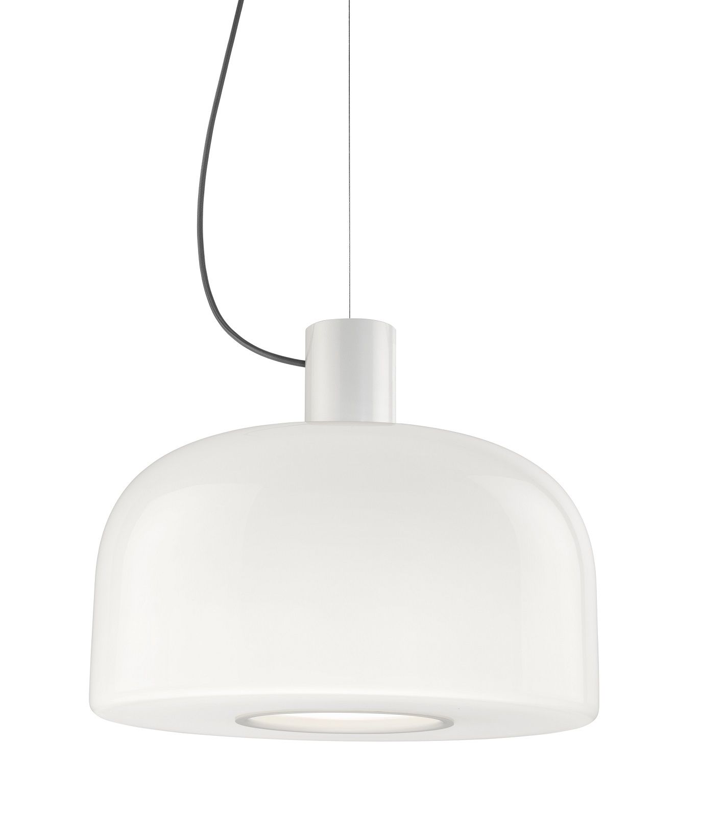 Weiße Bellhop Glas Pendelleuchte von Flos, moderne Hängelampe für Wohnzimmer und Esszimmer.