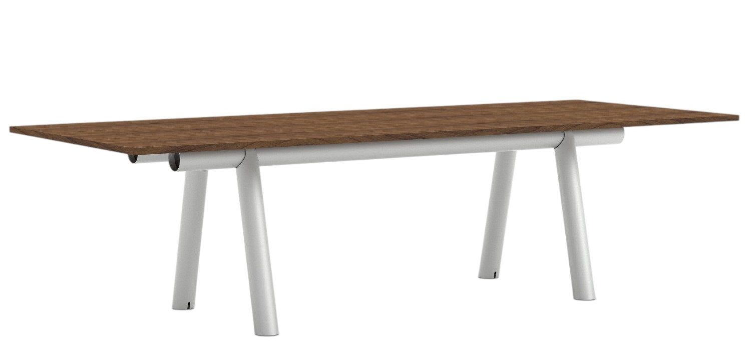 Hay Boa Table mit brauner Tischplatte und weißen Beinen, modernes Design für Büro und Zuhause.