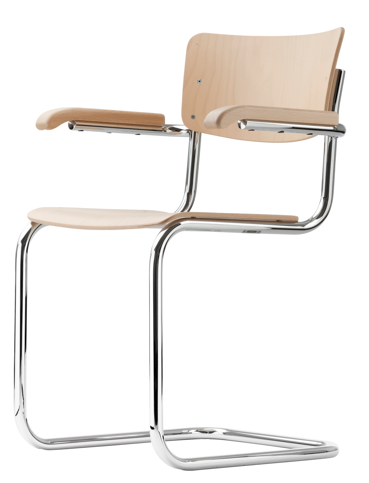 S 43 F Thonet Freischwinger Stuhl mit Buche Sitzfläche und verchromtem Stahlrohr Gestell.