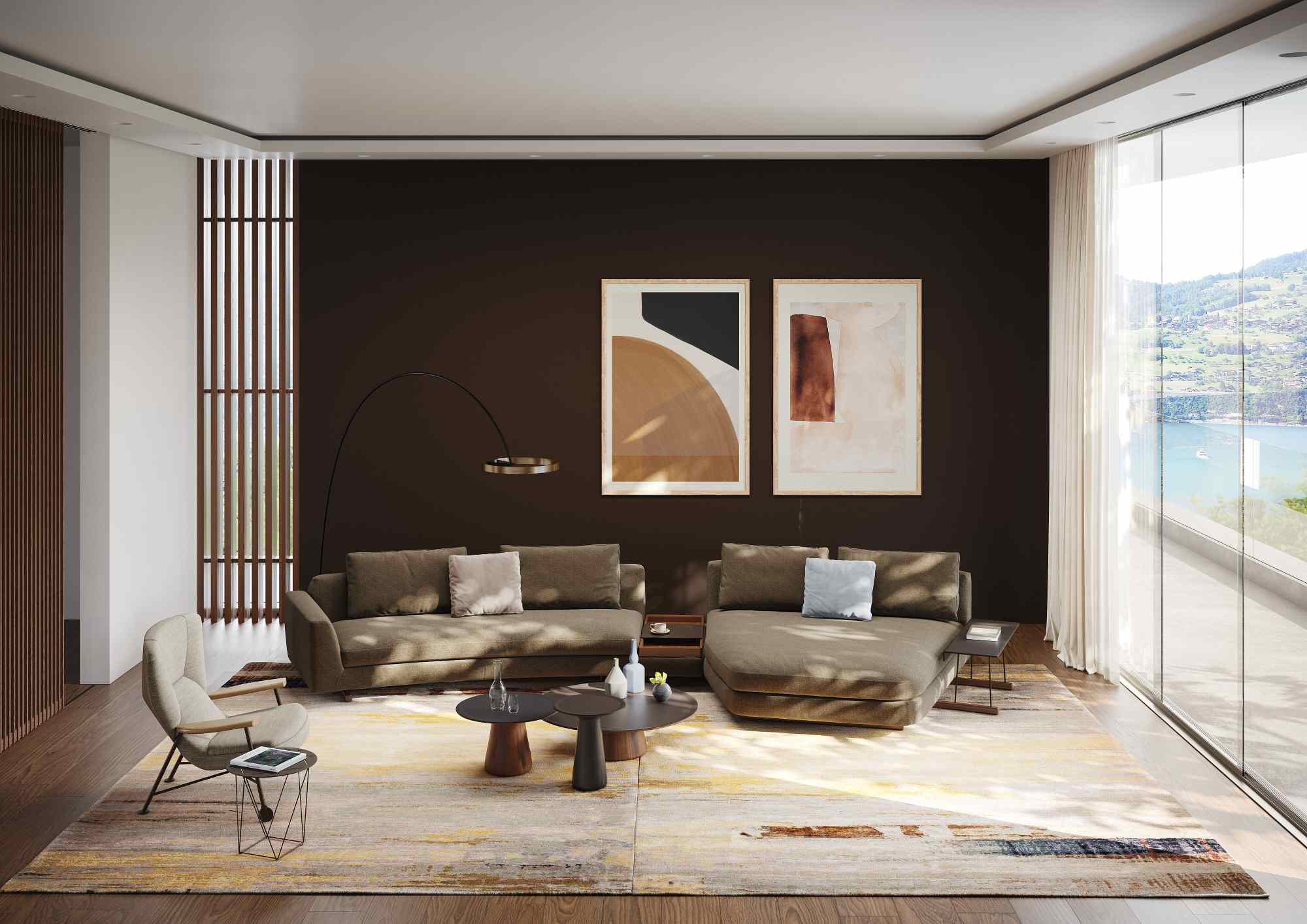 Wohnzimmer mit Walter Knoll Shinzo Lounge Chair Sessel und braunem Sofa.