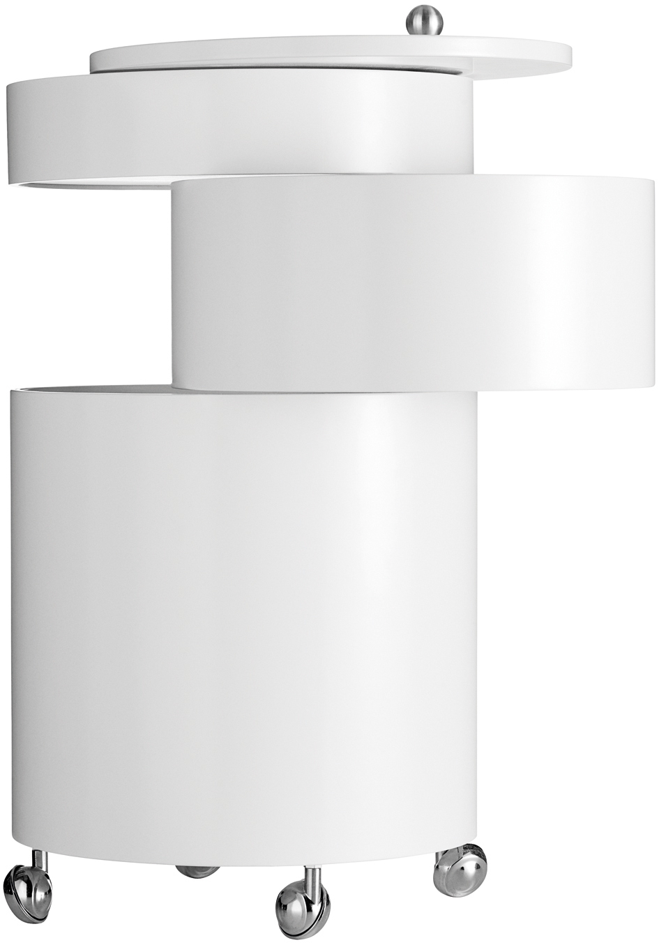 Weißer Barboy Rollwagen von Verpan mit drehbaren Fächern und Chromrollen. Moderner Beistelltisch.