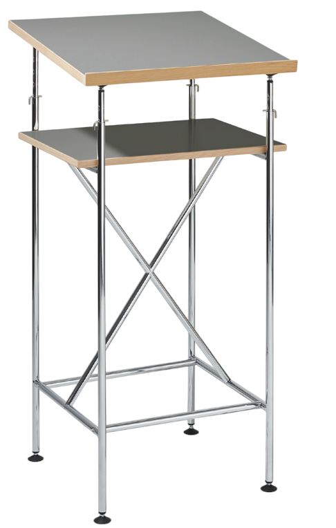 Milla 500 Stehpult von Richard Lampert mit zwei grauen Arbeitsflächen und Chromgestell.