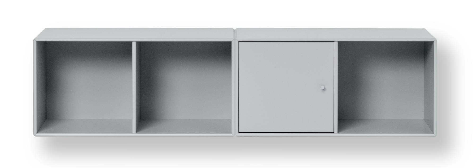 LINE Wandregal in Grau, bestehend aus zwei Modulen, eines mit Tür, modernes skandinavisches Design.