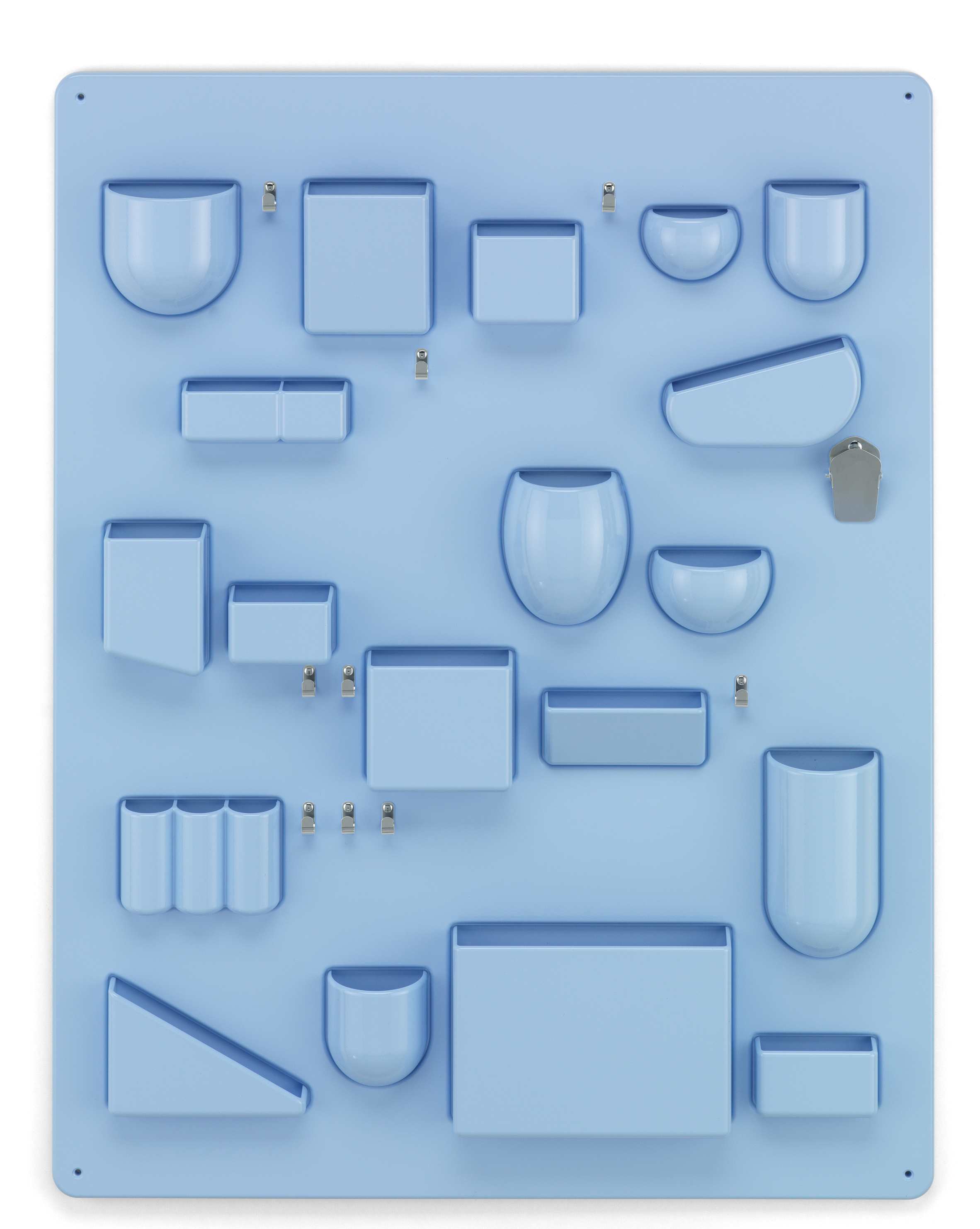 Horizontblaues Uten.Silo Wand-Ordnungssystem von Vitra mit verschiedenen Behältern und Fächern zur Aufbewahrung von Büroartikeln.