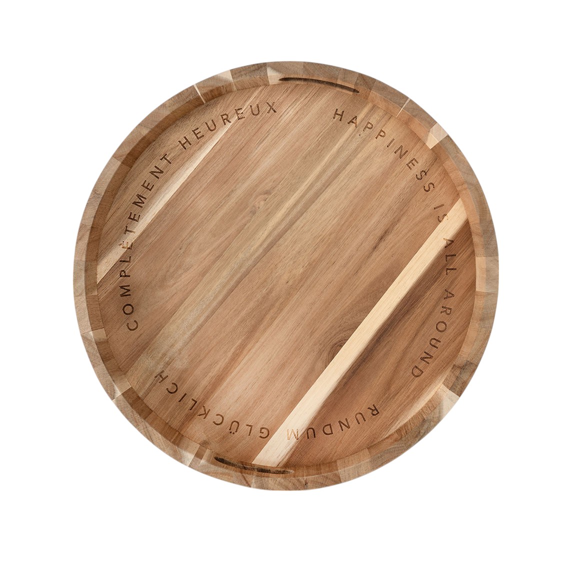 Rundes Holztablett mit dem Schriftzug "Rundum Glücklich", Serviertablett aus Holz für Küche und Wohnzimmer.