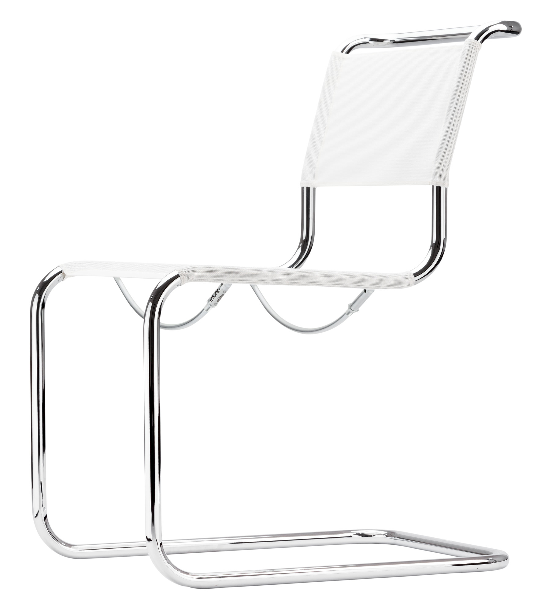 Weißer Thonet S 33 N Freischwinger mit verchromtem Stahlrohrgestell und Stoffbespannung, seitliche Ansicht. Designklassiker für modernes Wohnen.