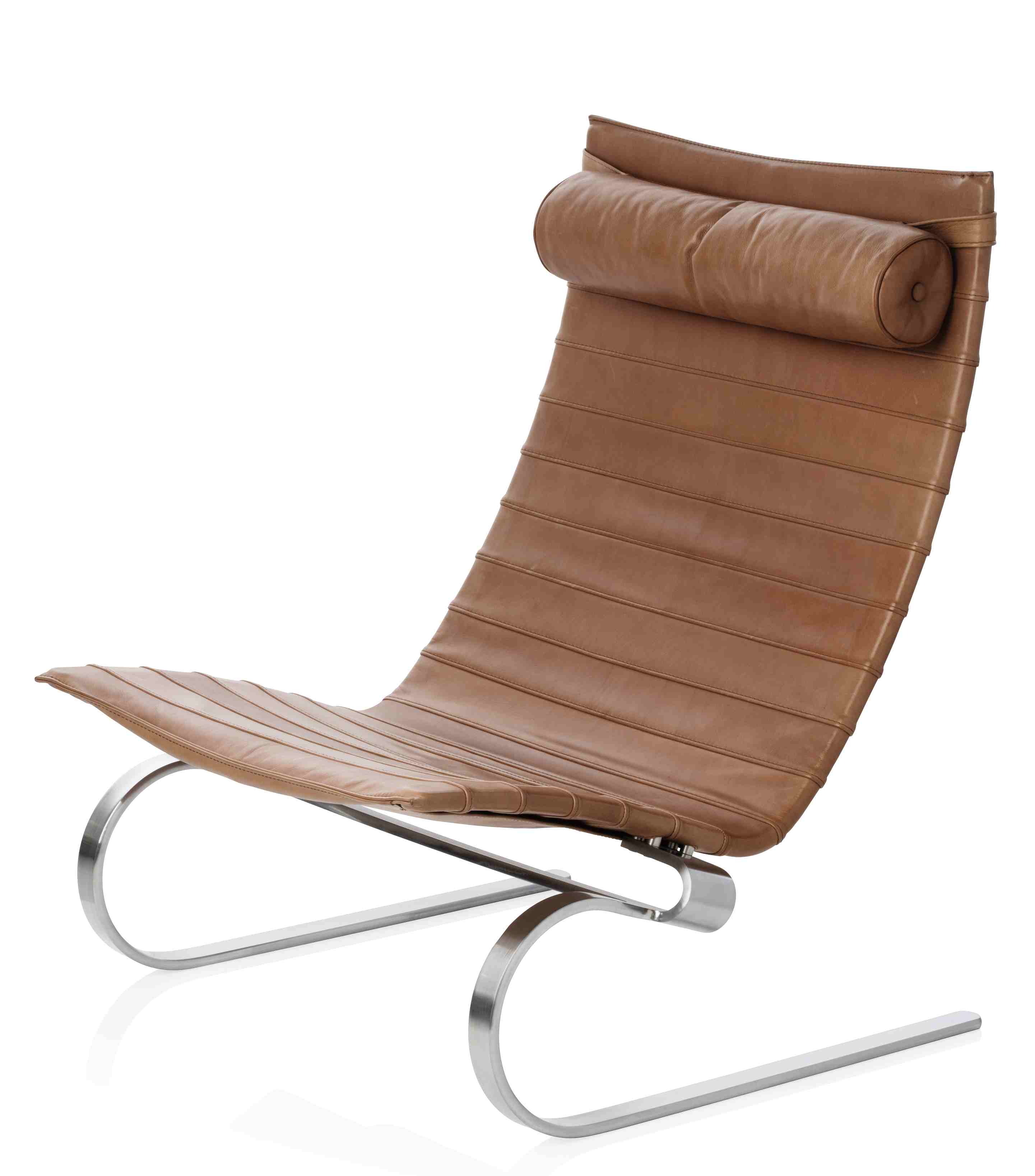 PK20 Sessel von Fritz Hansen: Brauner Ledersessel mit Kopfstütze und Stahlgestell. Designklassiker.
