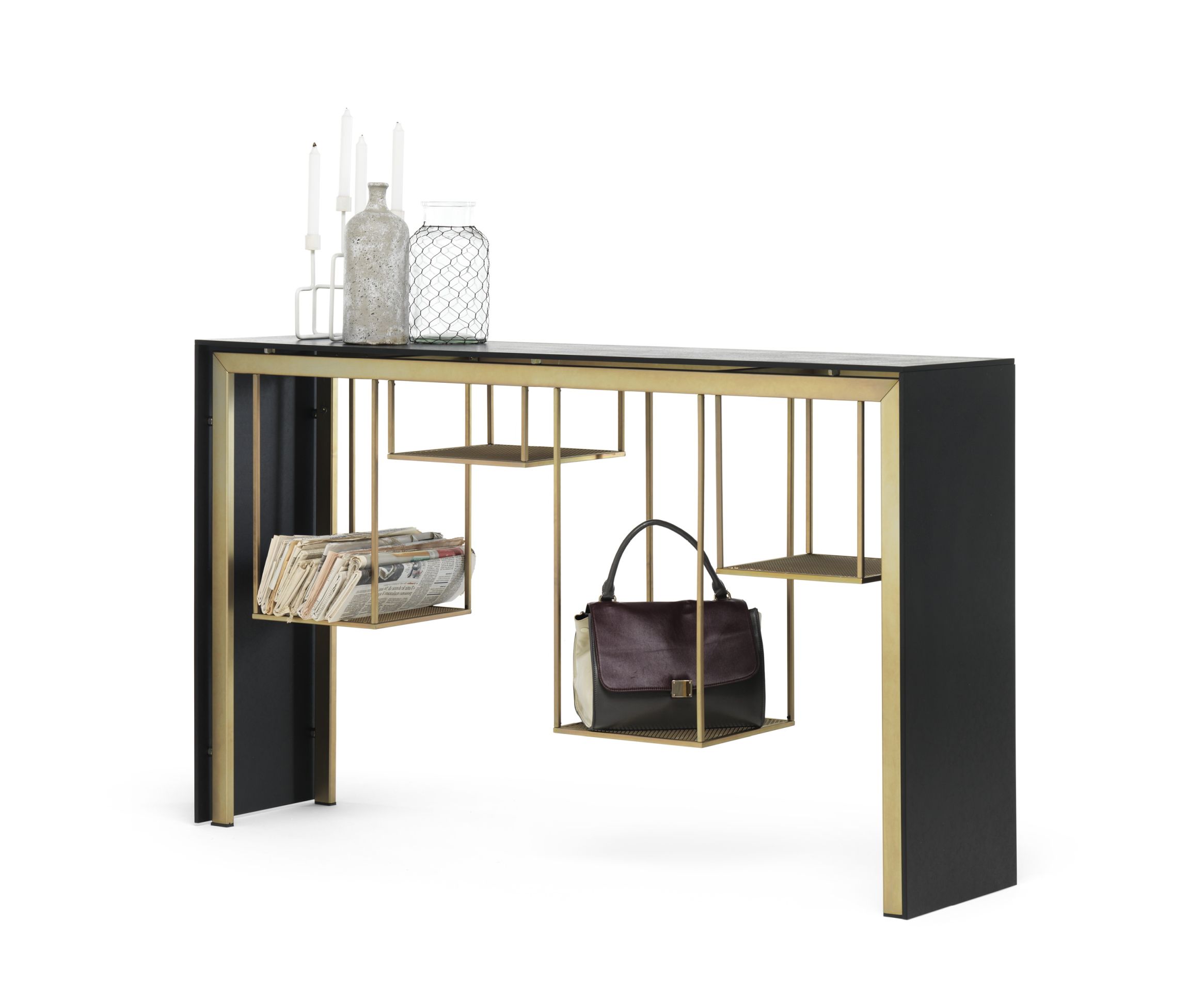 Tokyo Konsole von Mogg, eine moderne Design Konsole in Schwarz und Gold mit Ablageflächen.