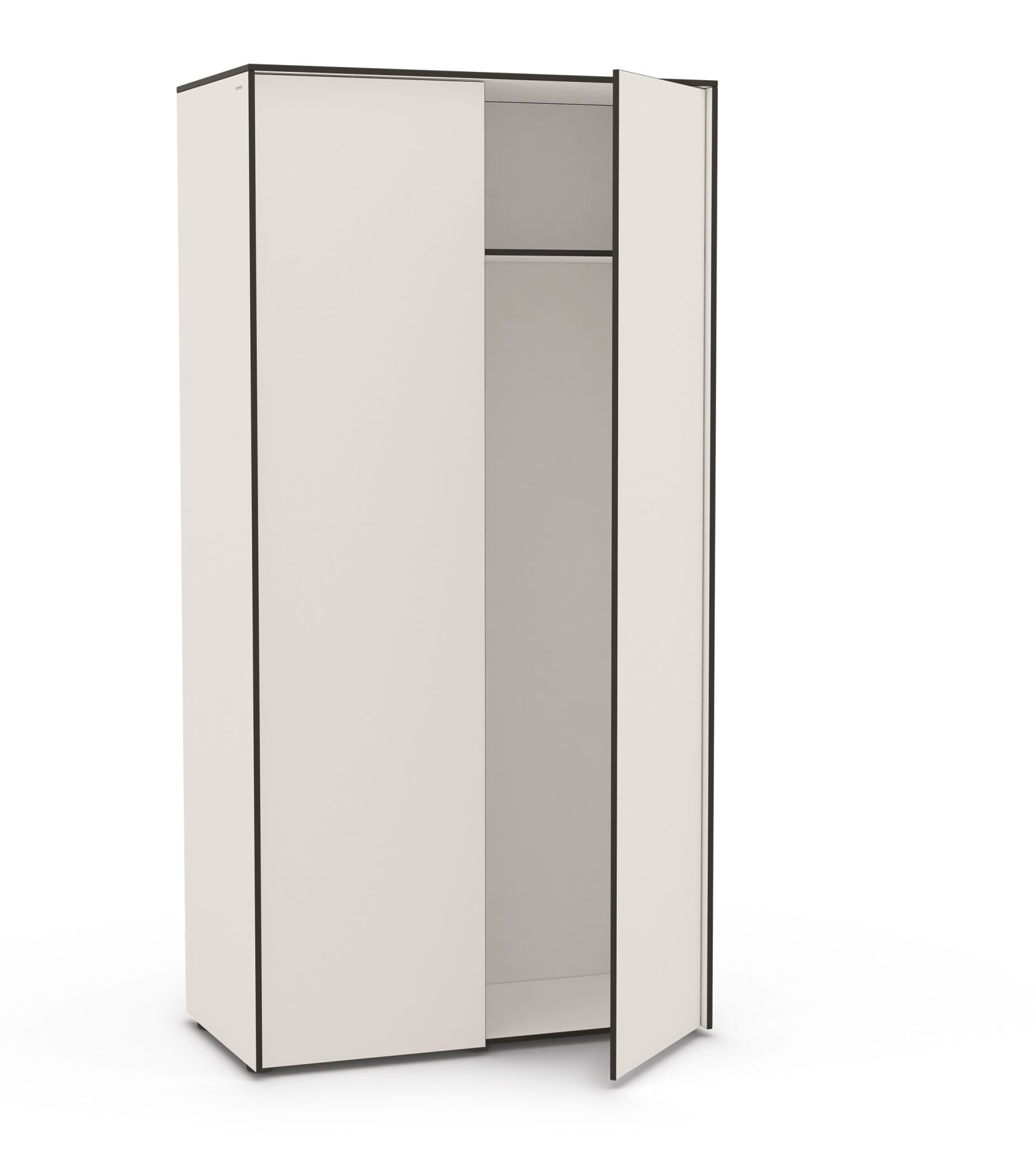 Ordo Gartenschrank in Taupe von Conmoto mit offener Tür und Kleiderstange.