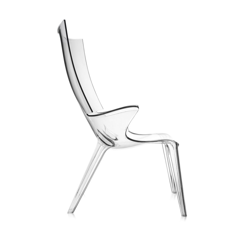 Transparenter Uncle Jim Sessel von Kartell, Seitenansicht. Moderner Design Stuhl aus Polycarbonat für Wohnzimmer und Büro.