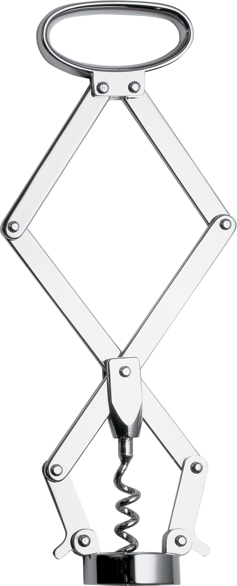 Alessi JM06 Socrates Korkenzieher aus glänzendem Edelstahl, Scherenmechanismus und Spirale.
