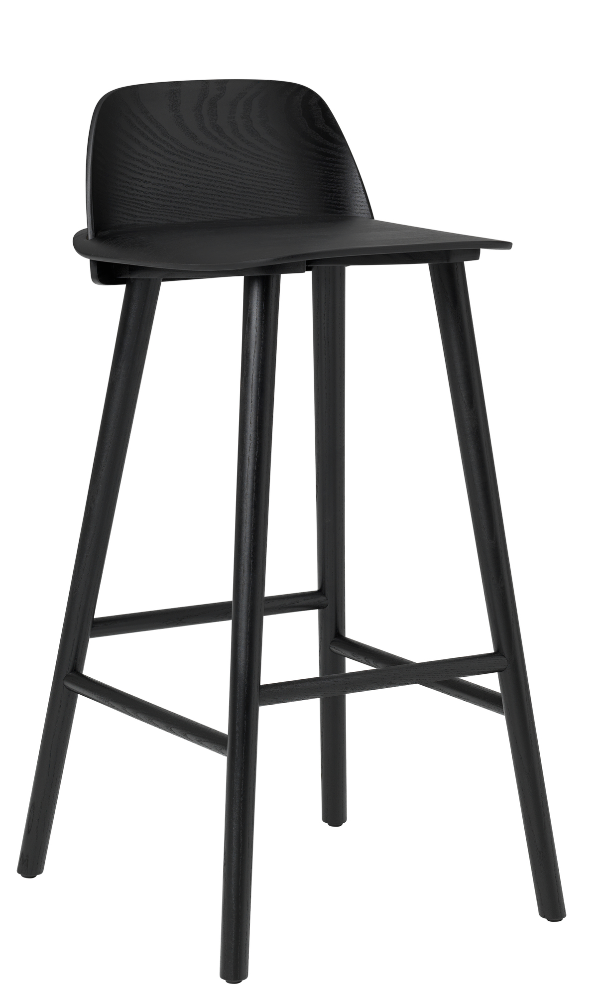 Schwarzer Nerd Barhocker von Muuto, H 75 cm, aus Holz mit Rückenlehne und Fußstütze.