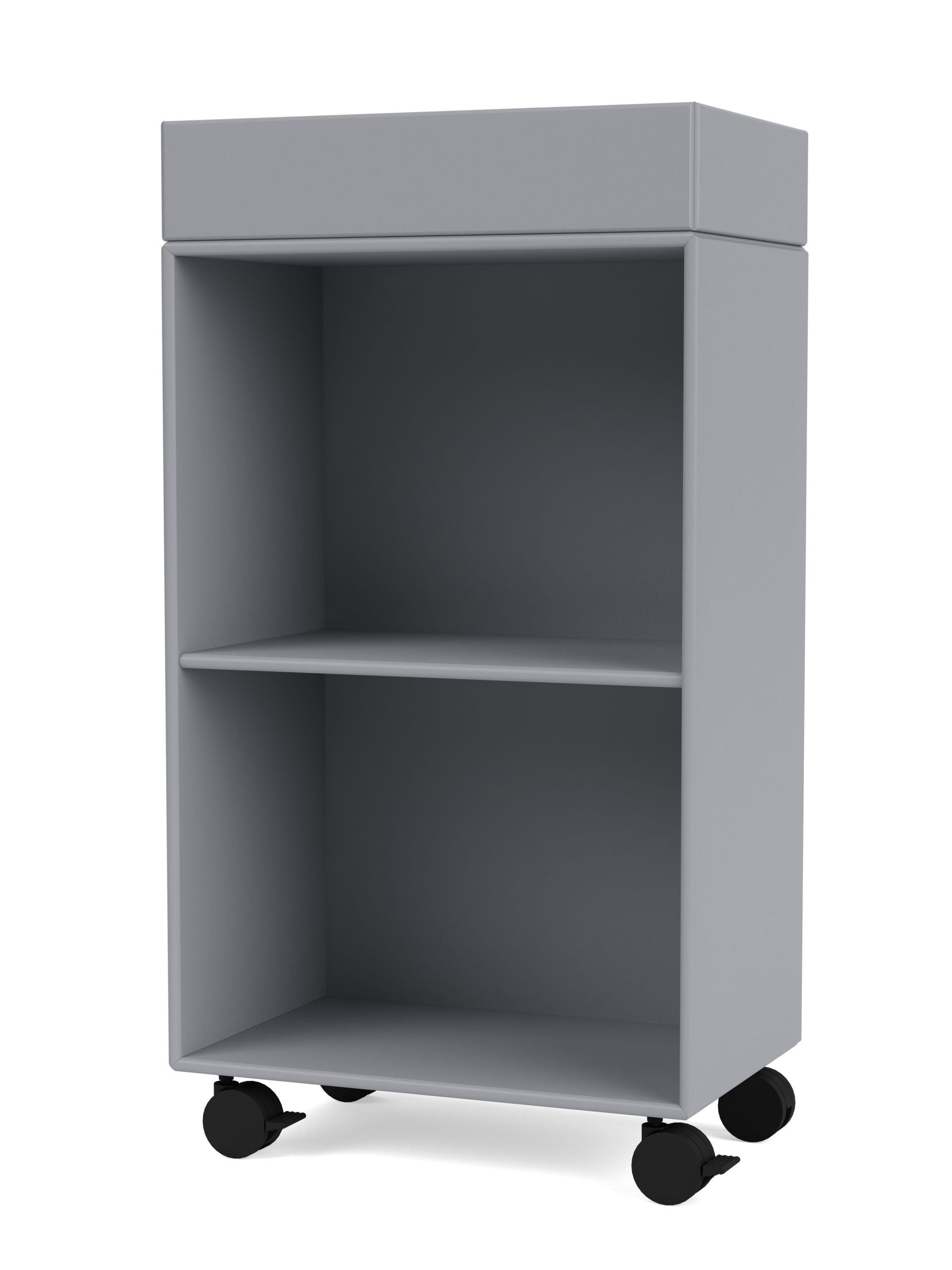 Grauer PREPPY Wagen mit zwei offenen Fächern und schwarzen Rollen für flexible Aufbewahrung.
