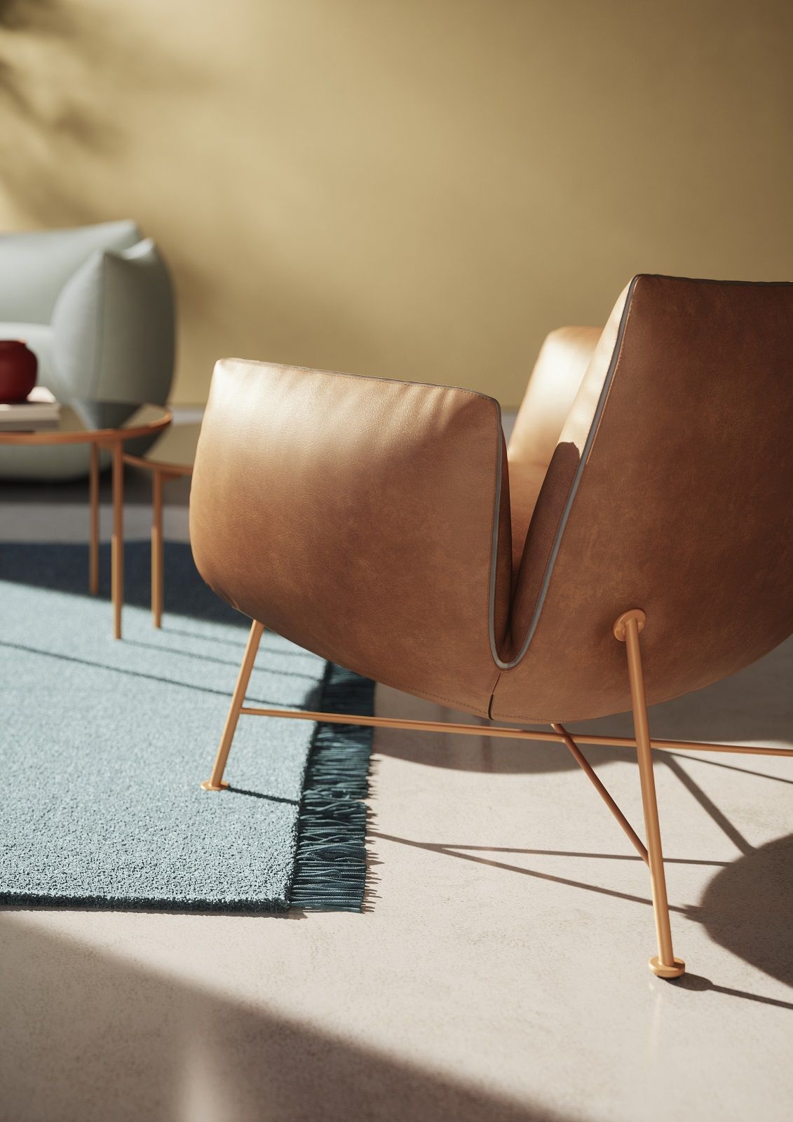 Nahaufnahme: Jalis Clubsessel mit braunem Lederbezug und filigranem Drahtgestell. Loungemöbel für stilvolles Wohnen.