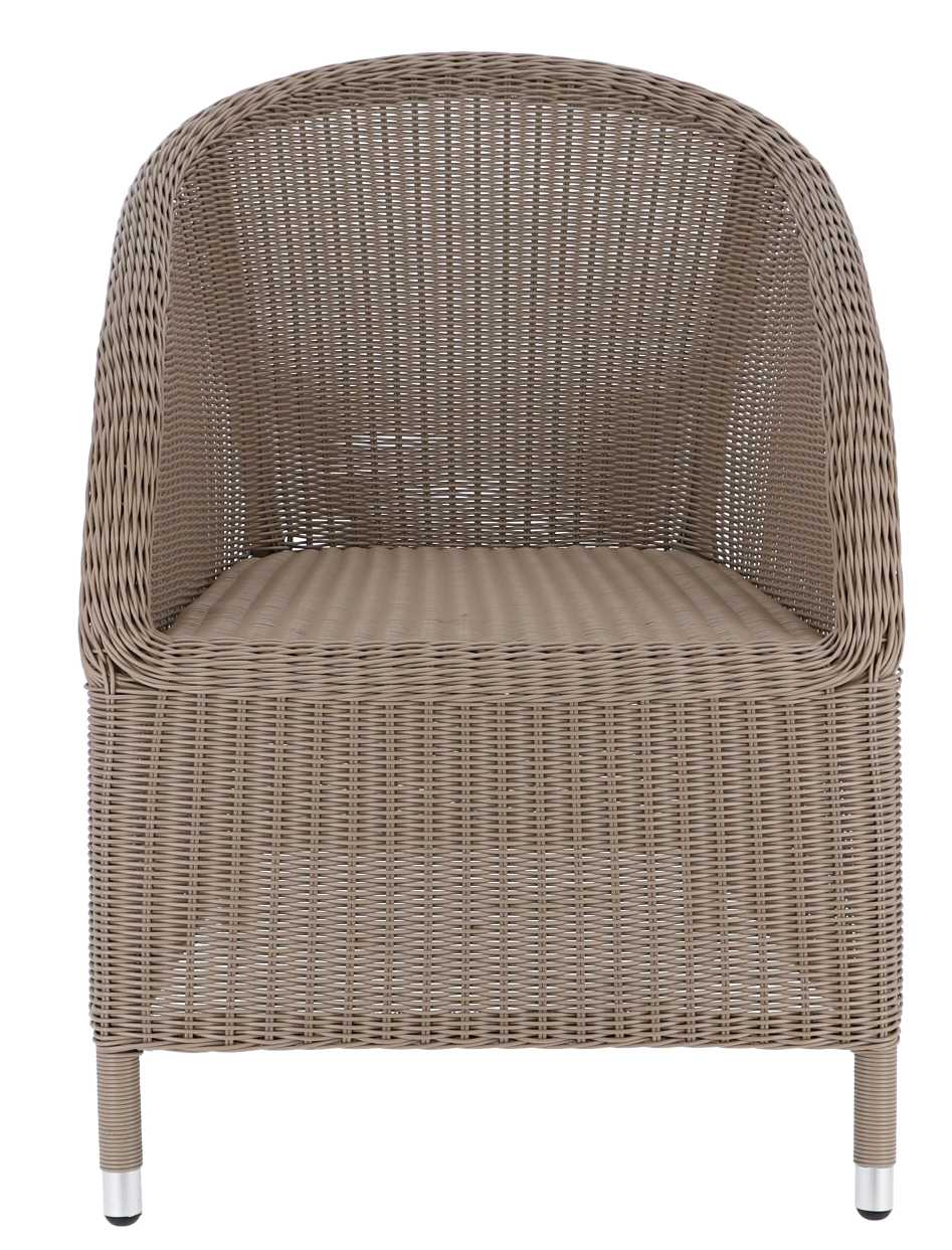 Jan Kurtz Romantik Sessel Outdoor: Geflochtener Gartensessel in Beige mit abgerundeter Rückenlehne und Metallfüßen.